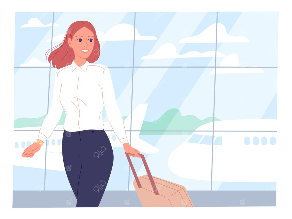 زن جوان با چمدان در فرودگاه با پس‌زمینه‌ی باند پرواز