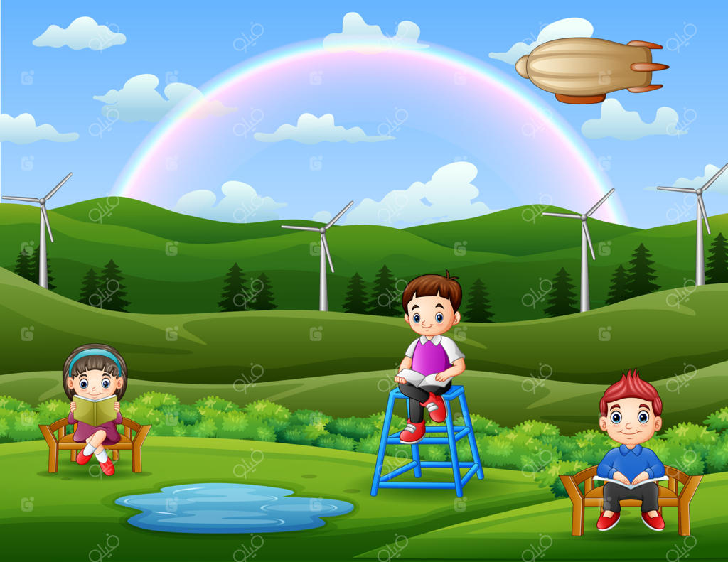 تصویر کودکان در حال کتابخوانی در باغ