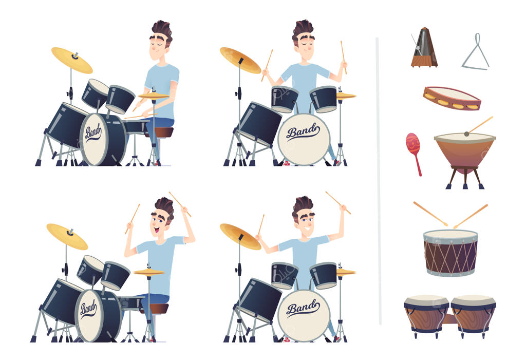 جوان خوش‌تیپ در حال تمرین نواختن درامز و سازهای کوبه‌ای