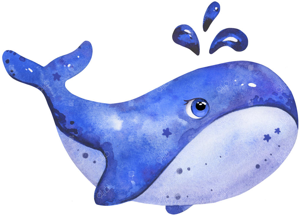 نهنگ کارتونی بامزه برای مهدکودک با طراحی دستی و بهره‌گیری از آبرنگ و چشمه آبی قطرات آب.