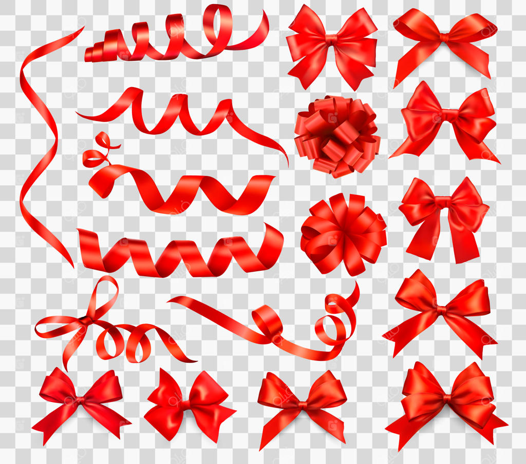 مجموعه بزرگی از ربان‌های قرمز با پاپیون‌های هدیه. تصویرسازی.