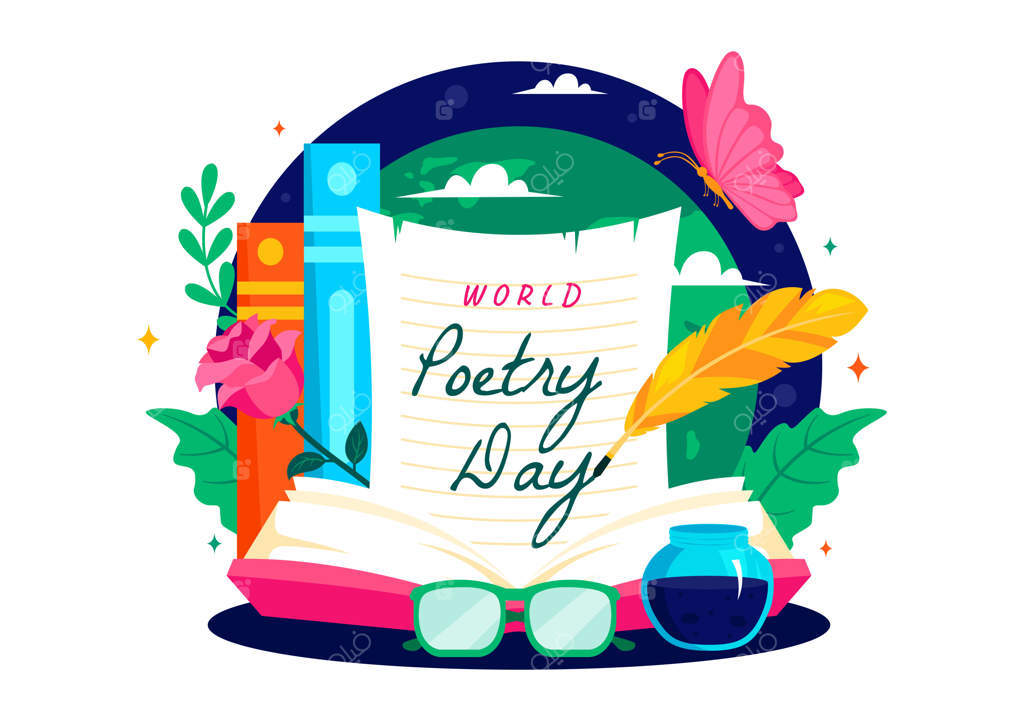 تصویرسازی وکتور روز جهانی شعر در 21 مارس با موضوع ابزار نوشتن، ماشین تحریر و ادبیات در زمینه‌ای به سبک کارتونی ساده