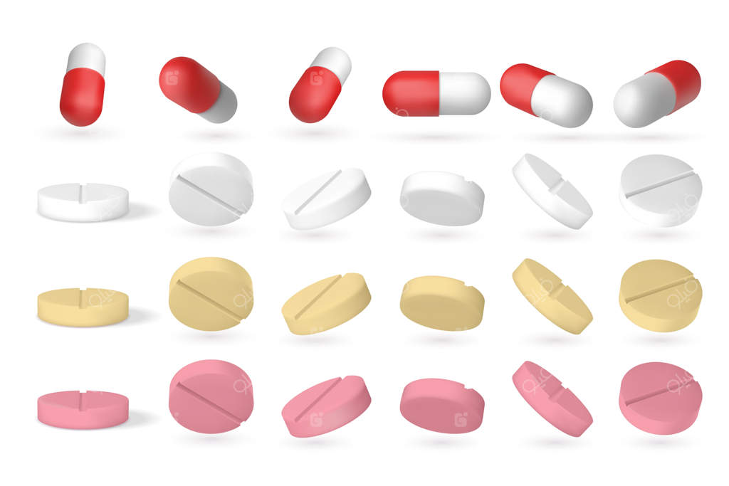 قرص‌های واقع‌گرایانه: داروهای سه‌بعدی ایزومتریک در حال پرواز، نزدیک‌نمایی از مکمل‌های پزشکی. مجموعه قرص‌های وکتوری، انواع فرم‌های قرص در حالت‌های مختلف