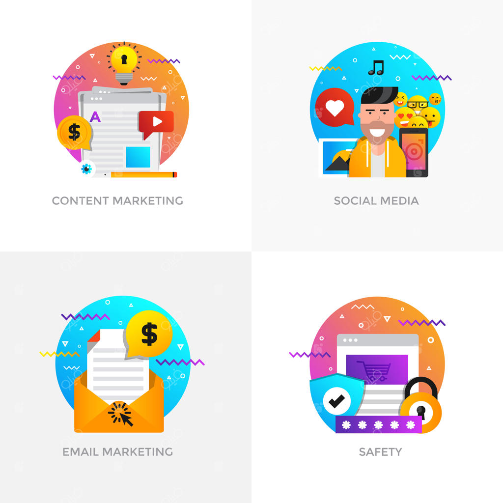 آیکون‌های مفهومی مدرن با طراحی تخت برای بازاریابی محتوا