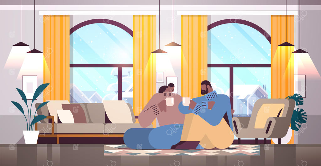 زوج آفریقایی-آمریکایی در حال نوشیدن قهوه و گفتگو در اتاق نشیمن خانه