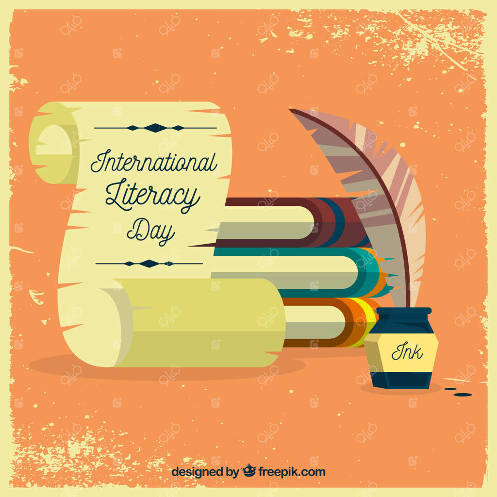 زمینه کاغذ قدیمی با کتاب‌ها و قلم