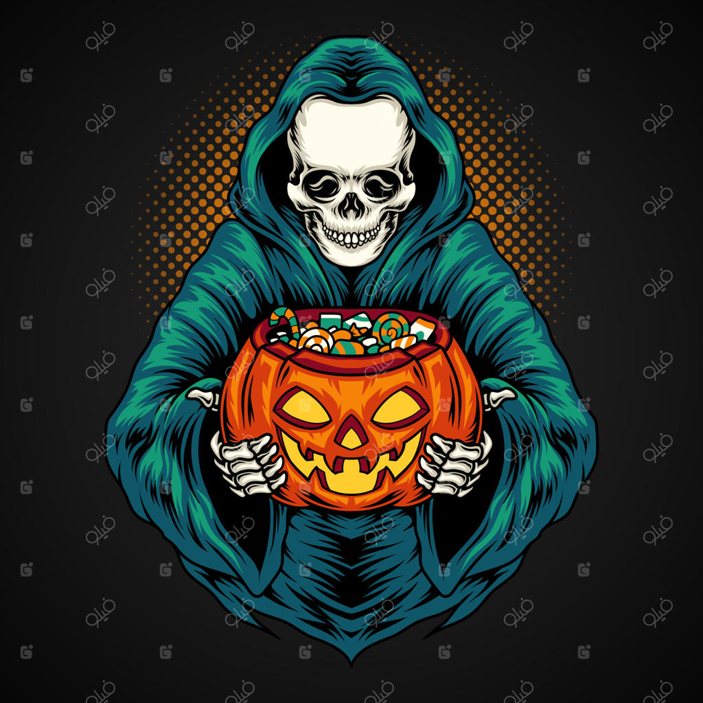 جمجمه فرشته مرگ با کدوی تنبل پر از آبنبات