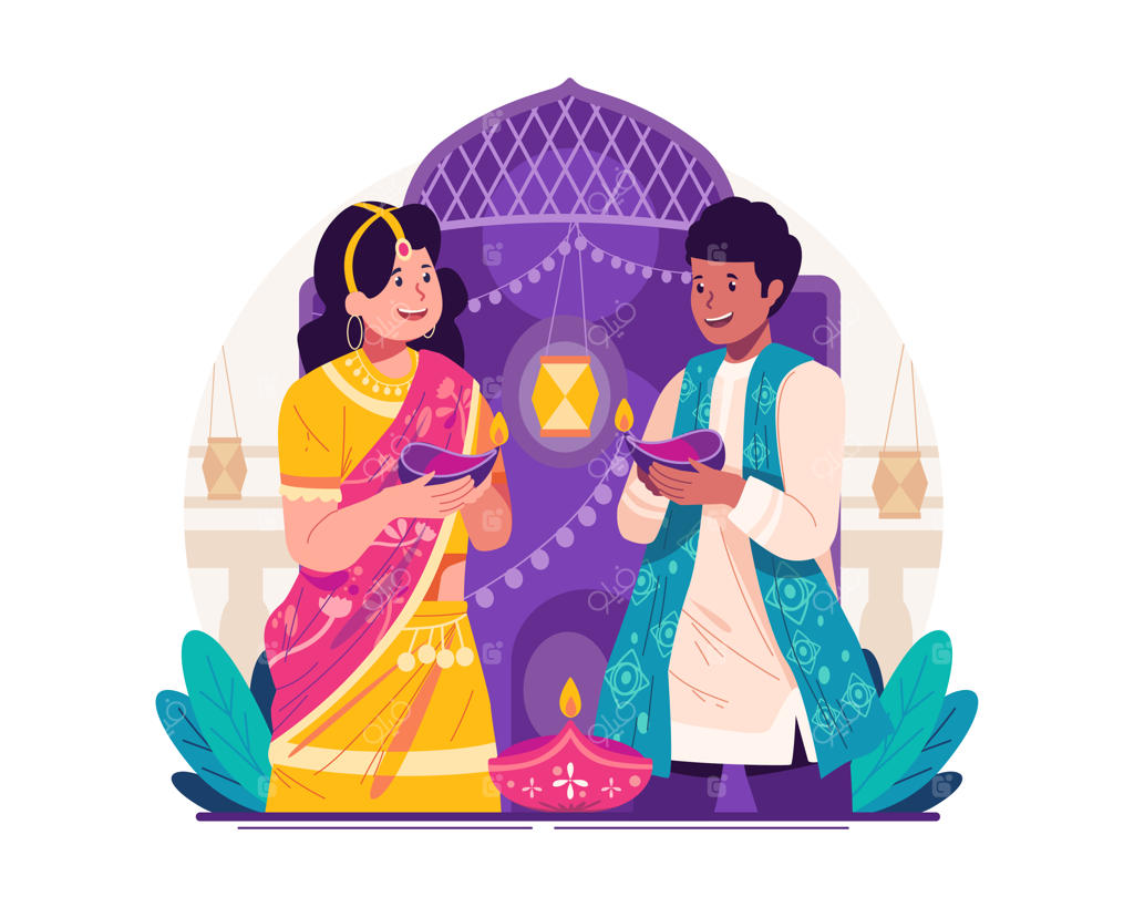 تبریک جشن دیوالی توسط زوج هندی با چراغ‌های روغنی روشن (دیا) در جشنواره نورها