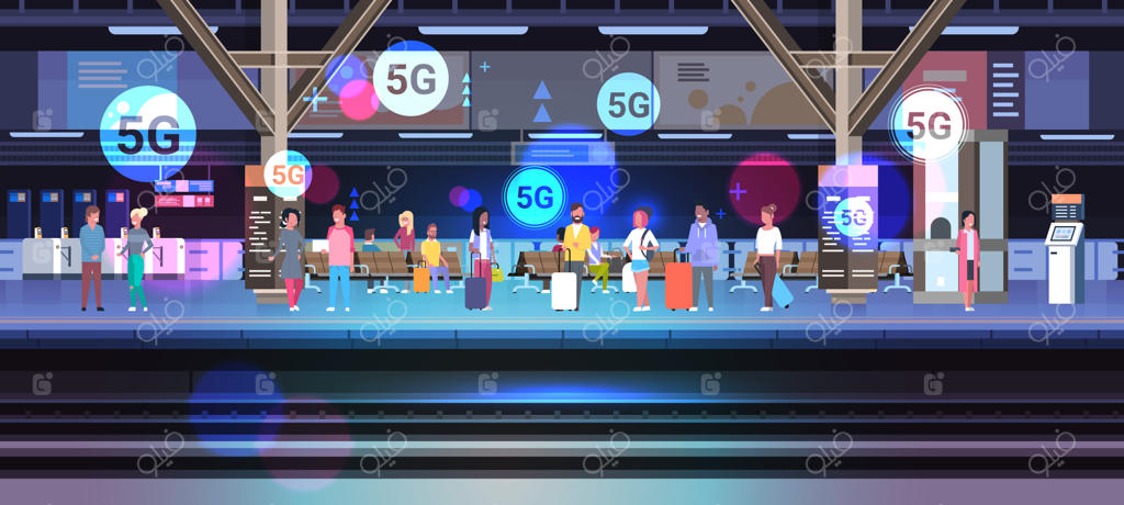 افرادی با چمدان روی سکوی 5g - مفهوم اینترنت و ارتباطات بی‌سیم