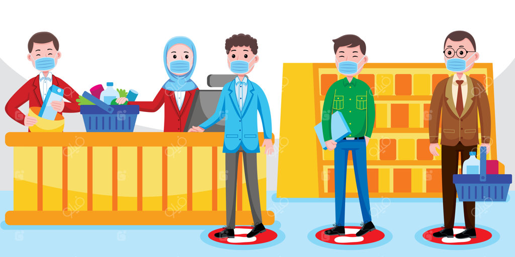 افراد در حال رعایت فاصله‌گذاری اجتماعی در سوپرمارکت