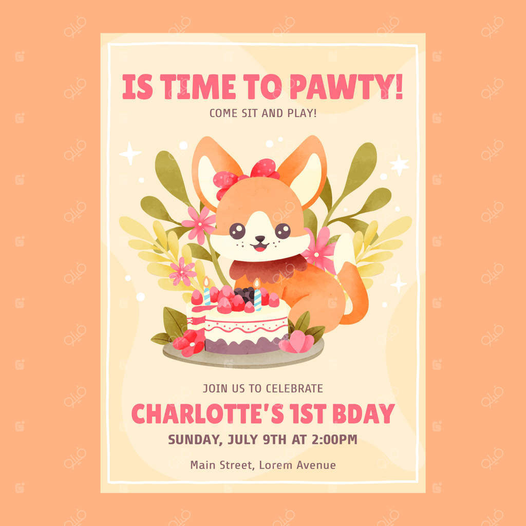 کارت دعوت تولد سگ با طرح آبرنگی