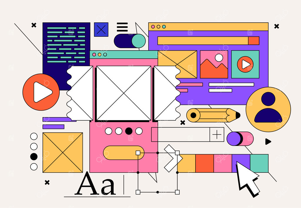 مفهوم توسعه وب و اپلیکیشن با کلاژ المان‌های UI/UX برای بنر وب یا پوستر