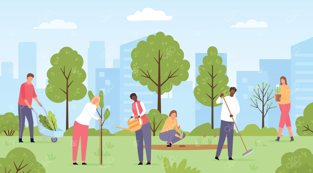 داوطلبان بوم‌شناسی در حال کاشت درخت و گل در پارک شهری. فعالیت اجتماعی عمومی با باغبانی بهاره. صحنه‌ای از کار مردم در باغ.