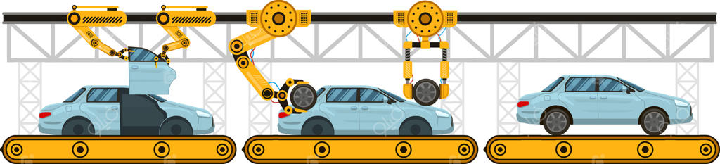 خط تولید خودکار در کارخانه خودرو، با بازوهای رباتیکی که به صورت ماهرانه درها، چرخ‌ها و قطعات مختلف را روی شاسی خودرو نصب می‌کنند برای تولید بهینه و کارآمد