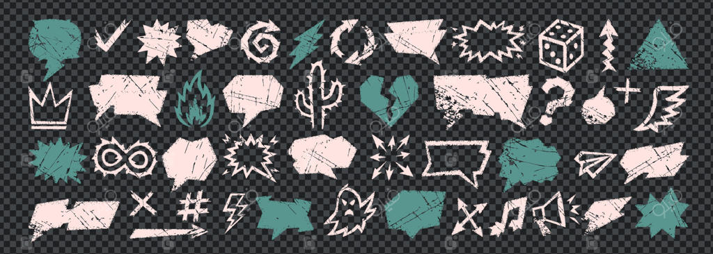 حباب گفت‌وگوی مدادشمعی با جعبه متن مدادشمعی و بادکنک طراحی با گچ به سبک پاستل زبر. عناصر خش‌دار گفت‌وگوی مدادشمعی شامل فلش‌ها، ابرها، قلب‌ها و کادرهای طراحی کمیک.