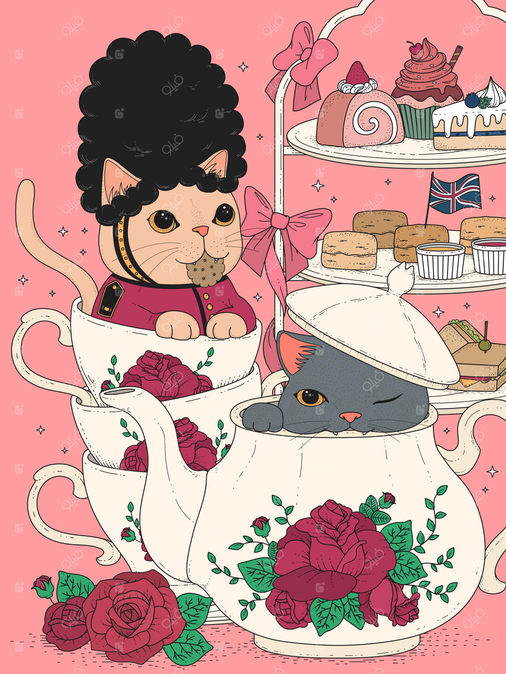 گربه‌ها در حال صرف چای عصرانه انگلیسی با تنقلات خوشمزه و ست قوری