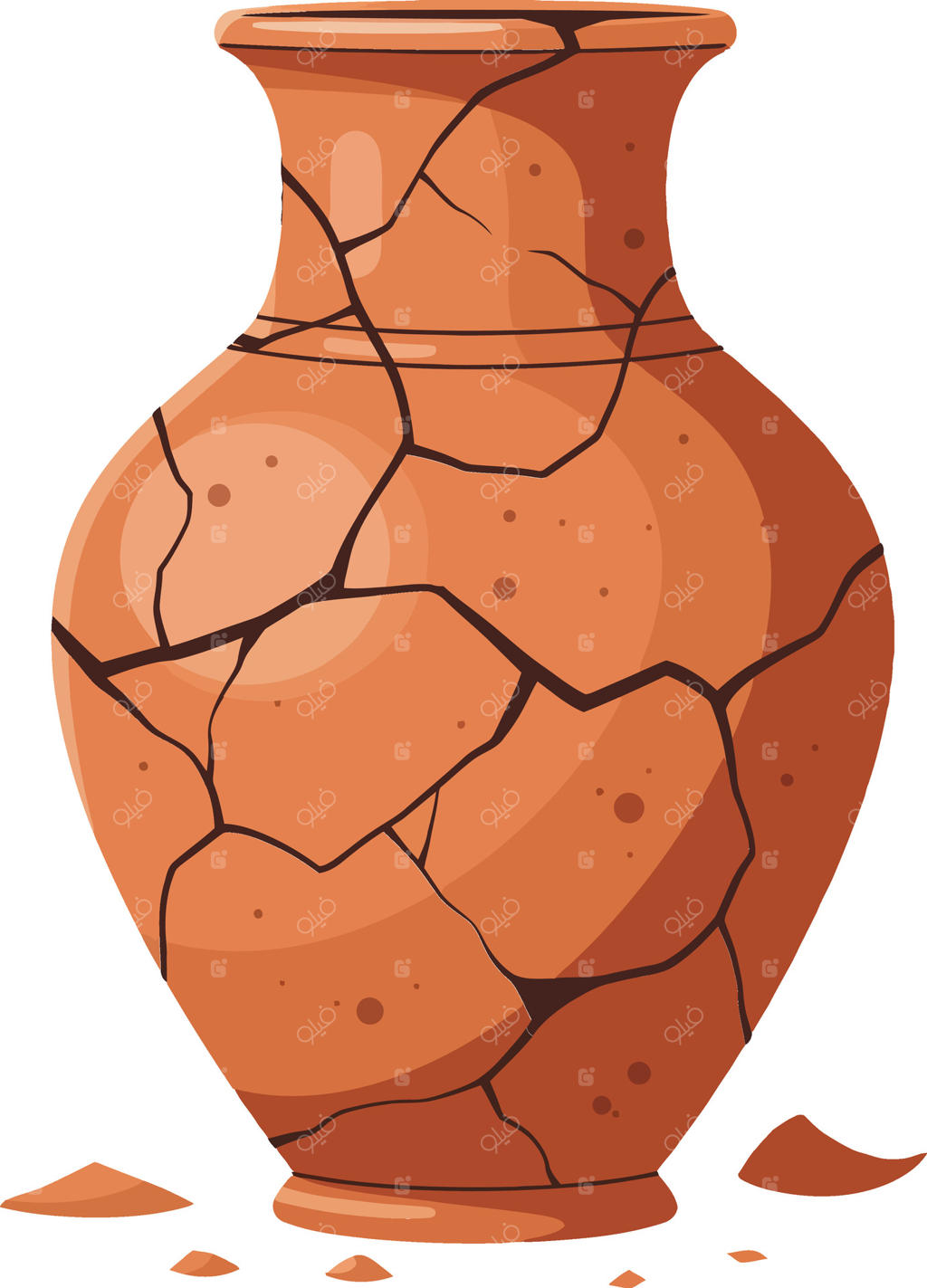 گلدان گِلی ترک‌خورده به سبک طراحی مسطح و جزئیات نشان‌دهنده بافت و شکل روستایی آن در هنر جذاب