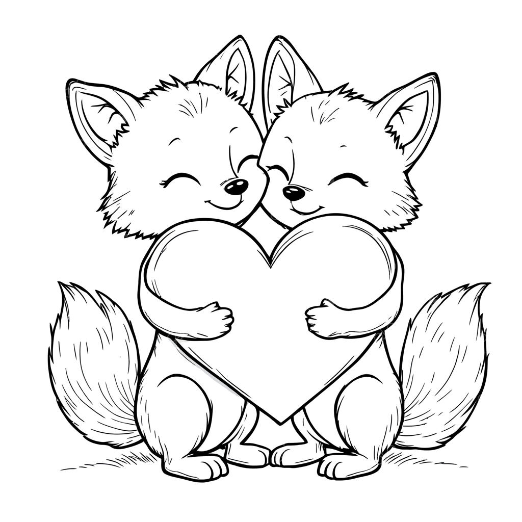 تصویر بامزه دو روباه عاشق که قلبی را در آغوش گرفته‌اند برای یک صفحه رنگ‌آمیزی