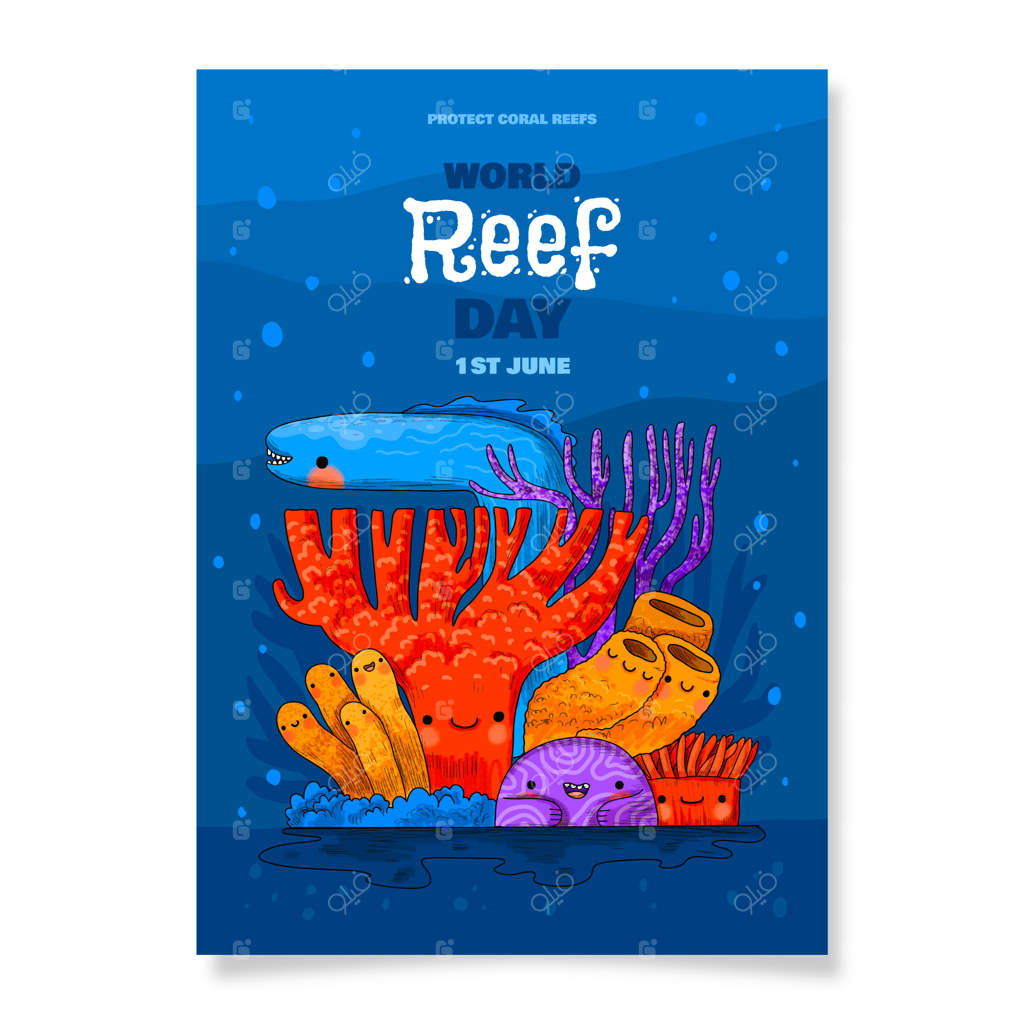 قالب پوستر روز جهانی صخره‌های مرجانی با طراحی دستی