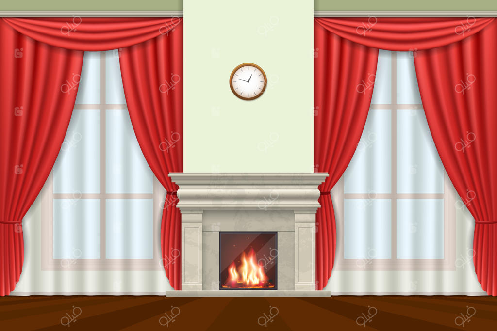 دکوراسیون کلاسیک؛ طراحی داخلی اتاق نشیمن با پرده‌ها و شومینه