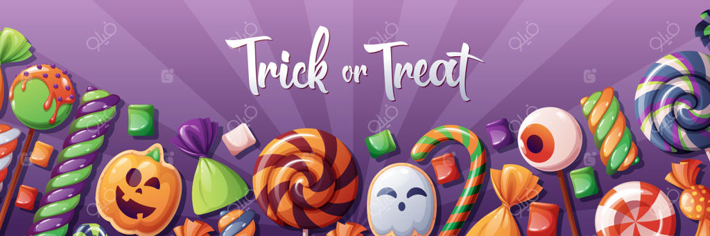 بنر هالووین با شیرینی‌ها و آب‌نبات‌های کارتونی ترسناک برای مهمانی هالووین