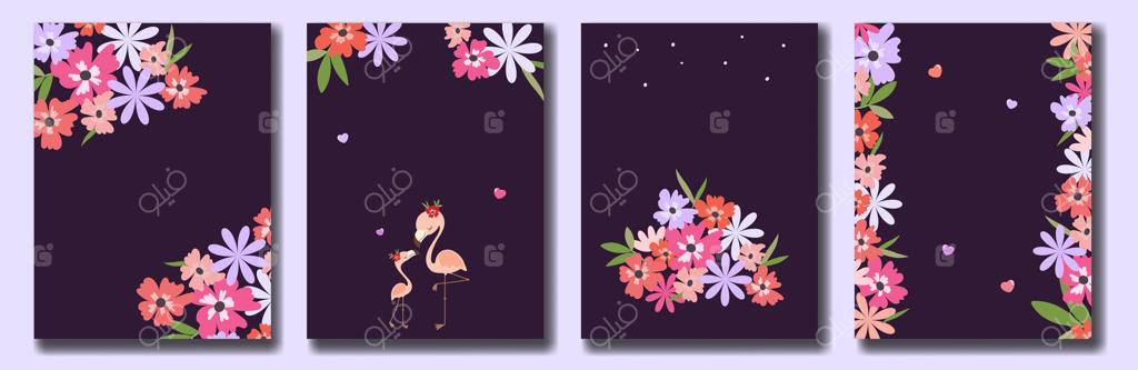 ست طراحی روز مادر با پس‌زمینه بنفش تیره و گل‌های بهاری دست‌کشیده در رنگ‌های ملایم - قالب‌هایی برای کارت، جلد و بنر وب