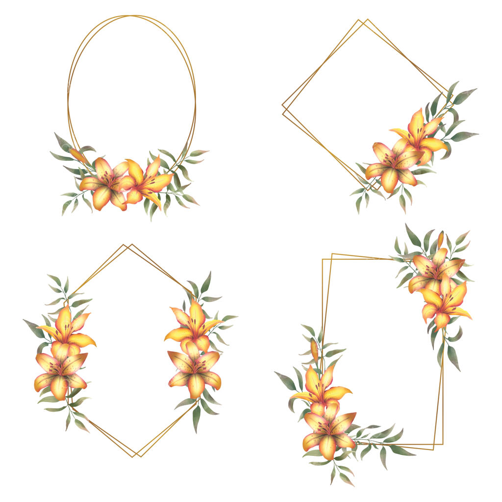 مجموعه قاب‌های طلایی با دسته‌ای از گل‌های سوسن آبرنگی