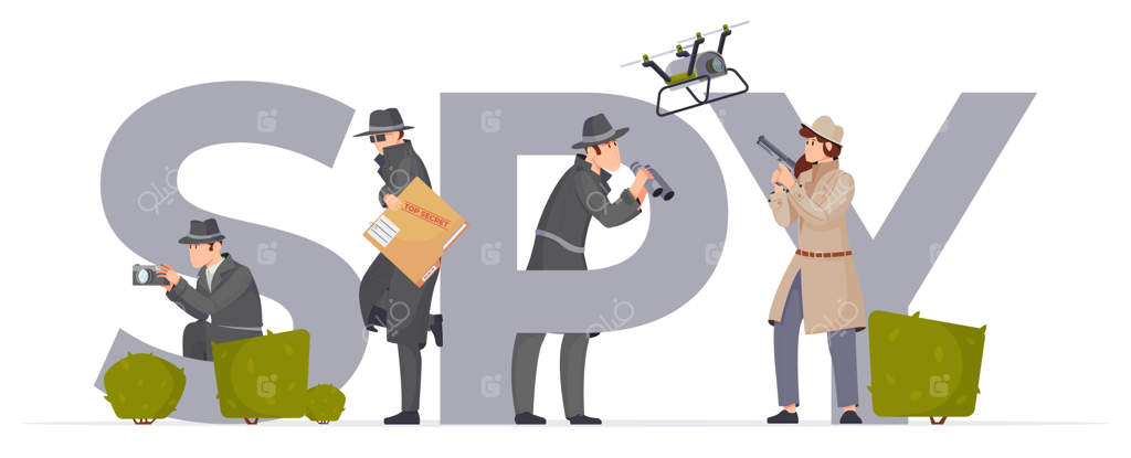 جاسوس در متن تخت با حروف خاکستری بزرگ و شخصیت‌های مرد با لباس‌های مشکی و عینک و اسلحه، دوربین دوچشمی و دوربین عکاسی - تصویر وکتور