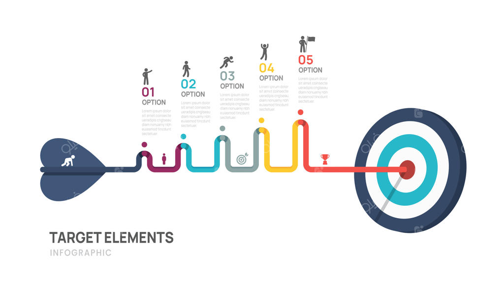 الگوی طراحی اینفوگرافیک برای کسب و کار: مفهومی از موفقیت با ۵ مرحله و نشانه‌گیری به سوی هدف.