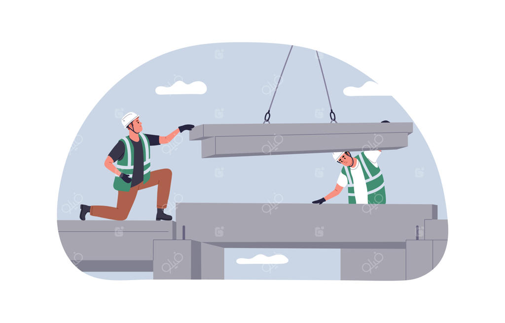 کارگران در محل ساخت و ساز: ساخت سازه‌های شهری در ارتفاع با بلوک‌های بتنی - تصویر برداری حرفه‌ای و تخت بر روی پس‌زمینه سفید