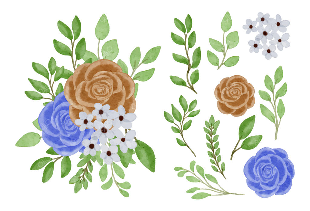 دسته‌گل زیبا و برگ‌های تزئینی به سبک آبرنگ