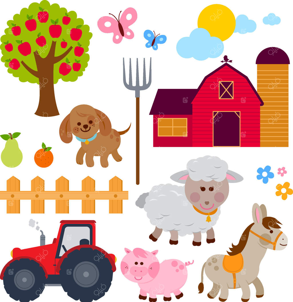 تصویرسازی مجموعه‌ای از حیوانات شاد و زیبا در مزرعه: باغچه‌ای همراه با تراکتور، انبار، حصار و درخت سیب