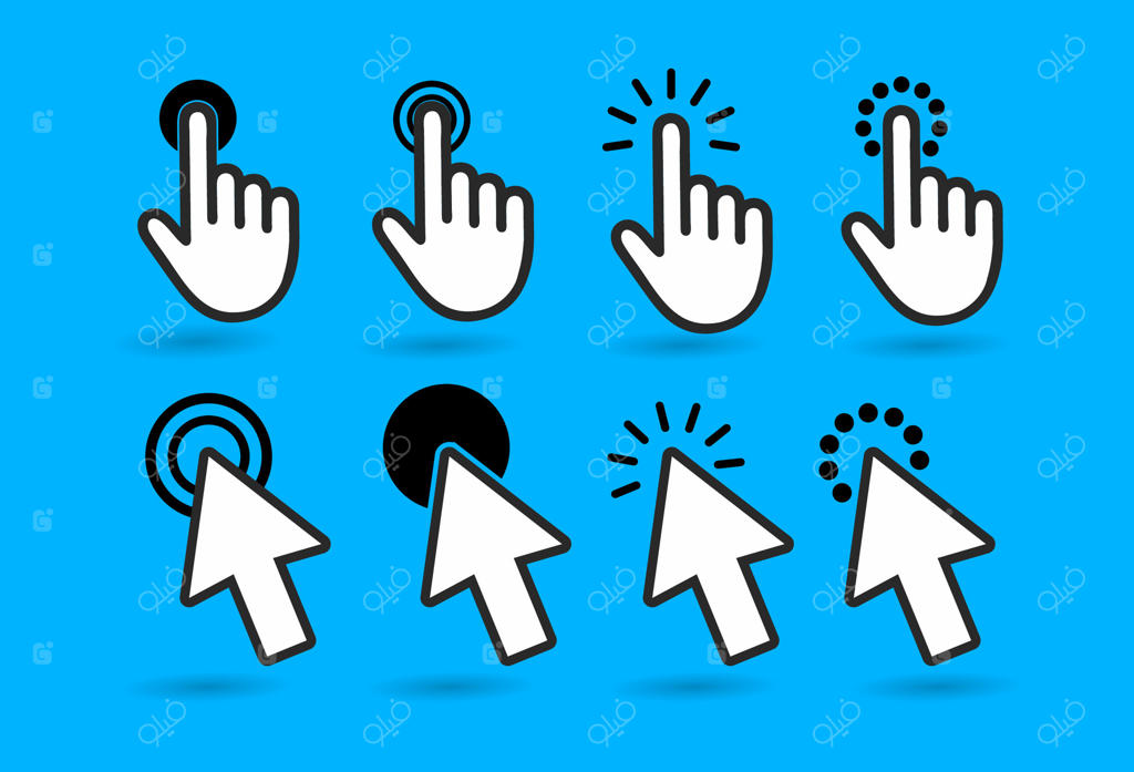 مجموعه آیکون‌های نشانگر موس، اشاره‌گر، نماد کلیک و دست اشاره‌گر