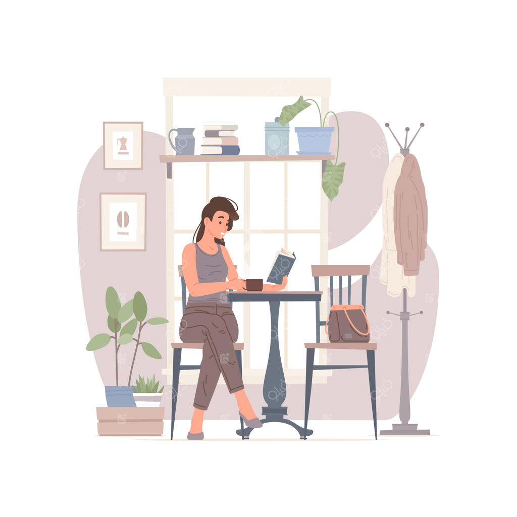 تصویر زنی که با نوشیدنی گرم در حال مطالعه کتاب است