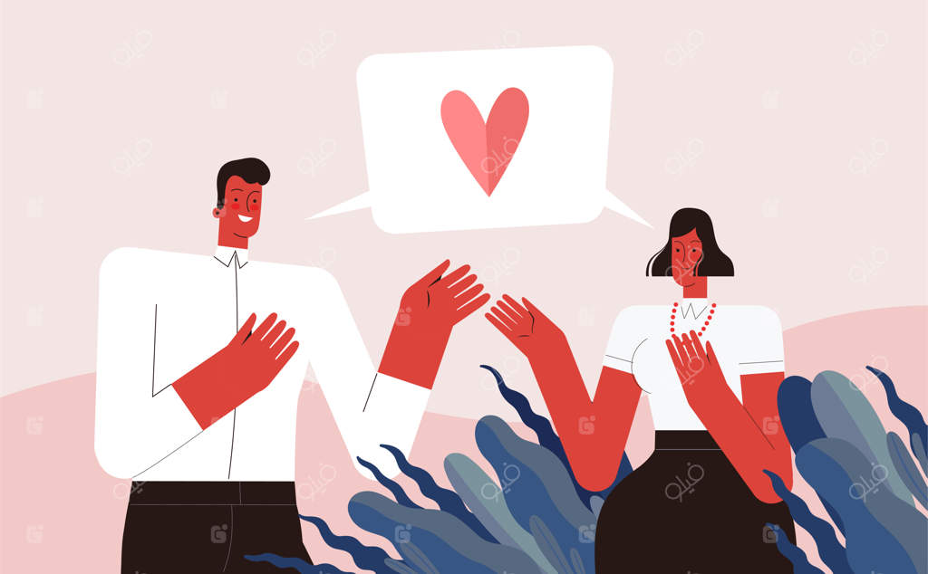 عاشقان، مرد و زن، ابراز عشق می‌کنند و صحبت می‌کنند. بر روی پس‌زمینه سفید.