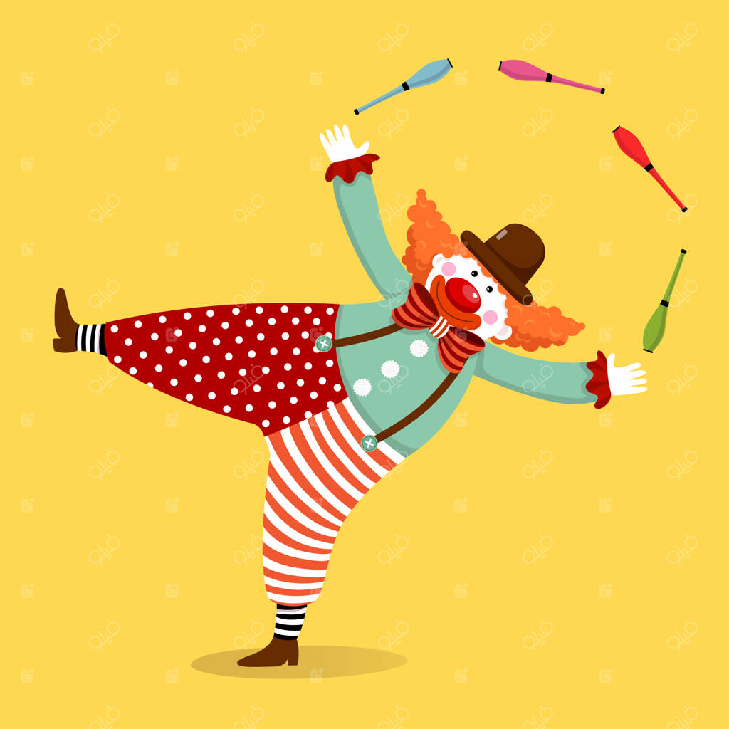 تصویر برداری کارتونی از دلقکی بامزه در حال بندبازی با چماق‌ها.