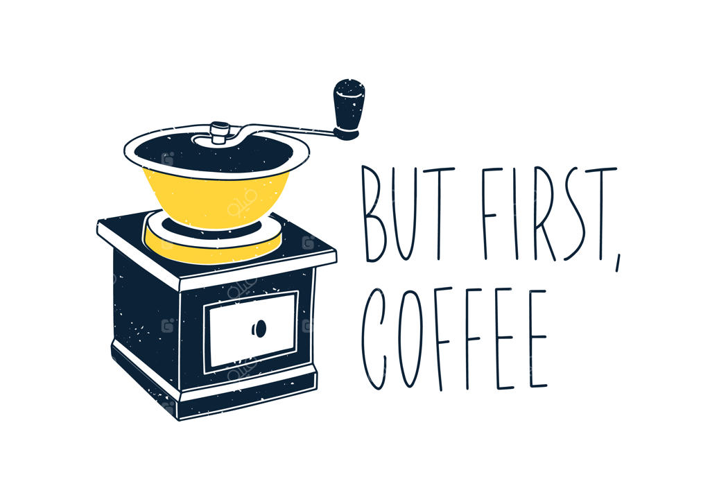 ترکیب با متن دست‌نویس با فونت زیبا و آسیاب قهوه دستی. ابزار آشپزخانه برای آسیاب کردن قهوه