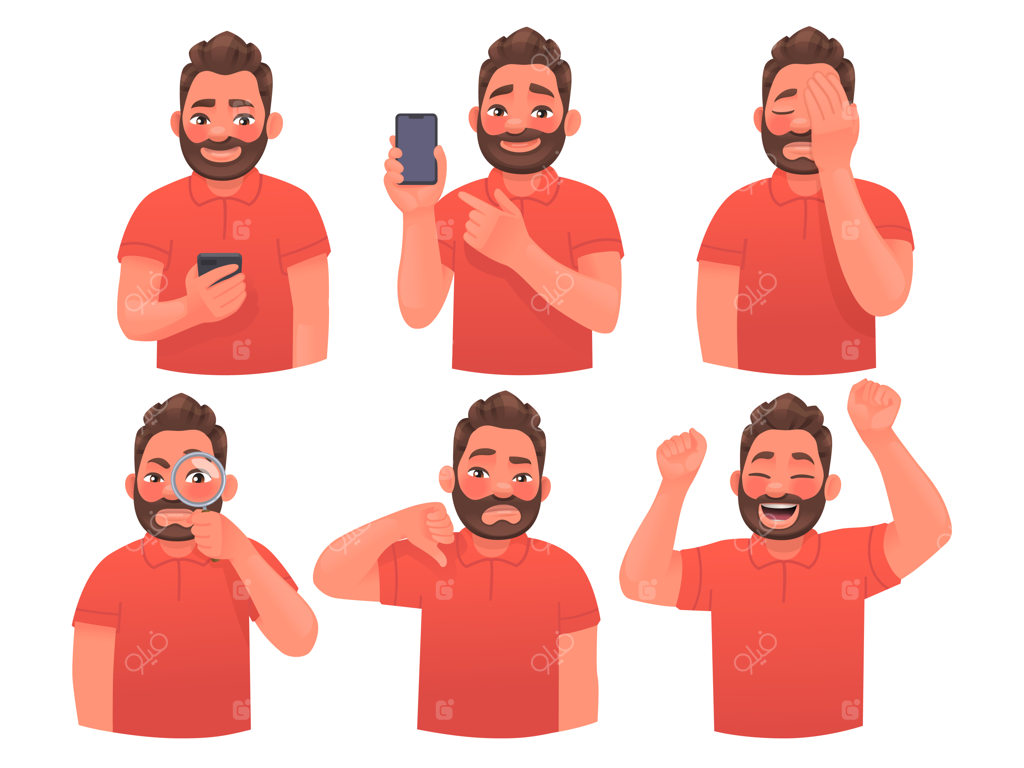 مجموعه کاراکتر مرد ریش‌دار با ژست‌ها و احساسات مختلف. مردِ گوشی به دست، در حال اشاره، دست به پیشانی، دیس‌لایک و شادی. کارمند یا مشاور شرکت. تصویرسازی وکتور به سبک کارتونی.