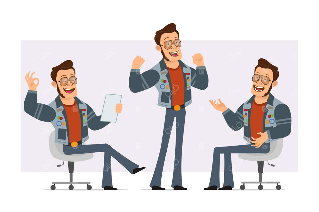 کارتون مرد قوی به سبک دیسکو با عینک آفتابی و ژاکت جین ـ پسر در حال خواندن یادداشت، نمایش ماهیچه‌ها و علامت اوکی.