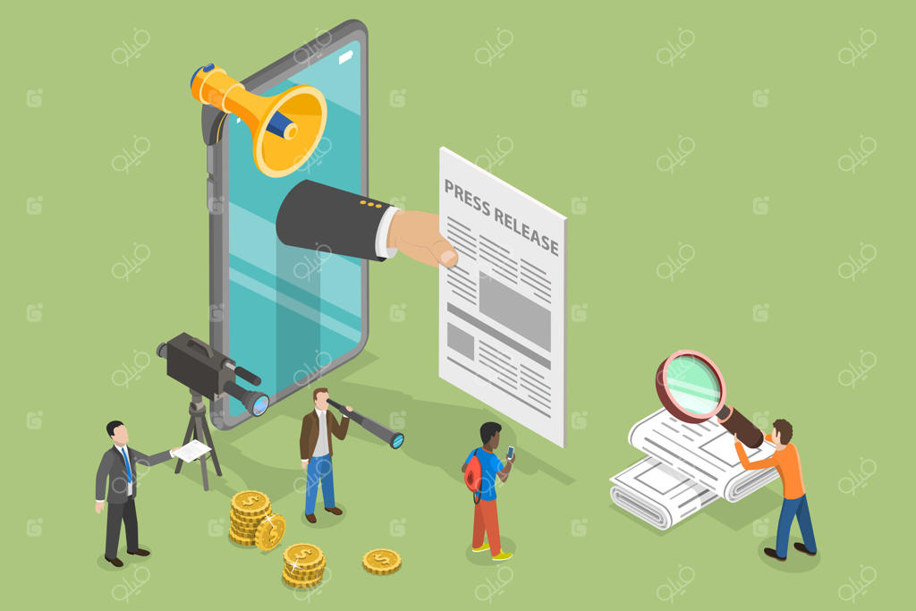 تصویر مفهومی ایزومتریک سه‌بعدی از انتشار آنلاین اخبار