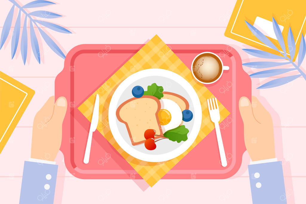 نمای بالا از صبحانه‌ای سالم و لذیذ با نان، تخم‌مرغ و سالاد مقوی روی رومیزی