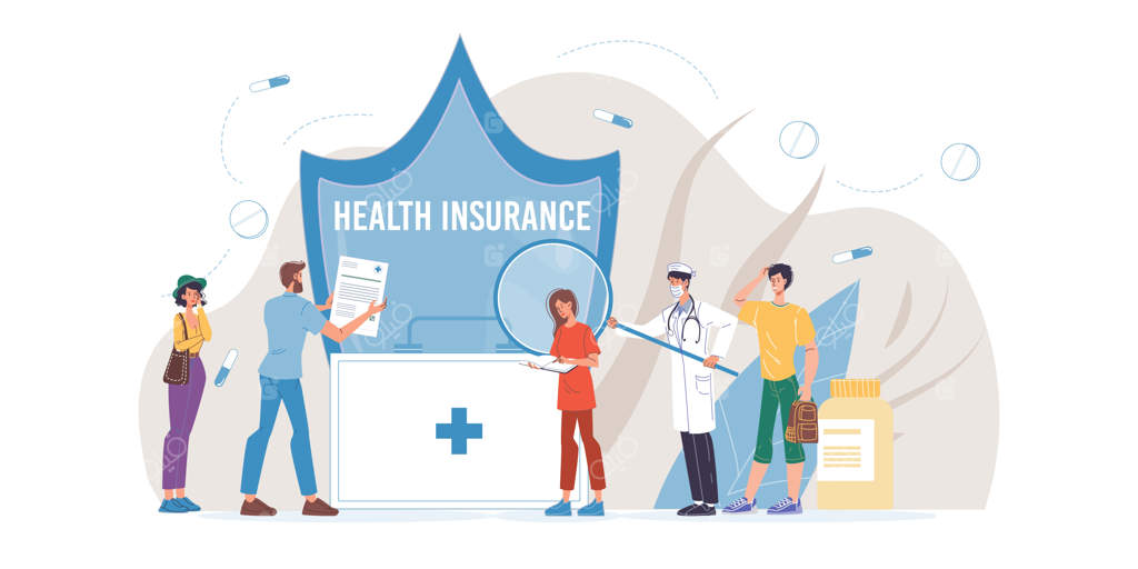 شخصیت‌های کارتونی پزشک با یونیفرم، روپوش سفید و نمادها - مفهوم بیمه پزشکی، درمان و مشاوره درمانی