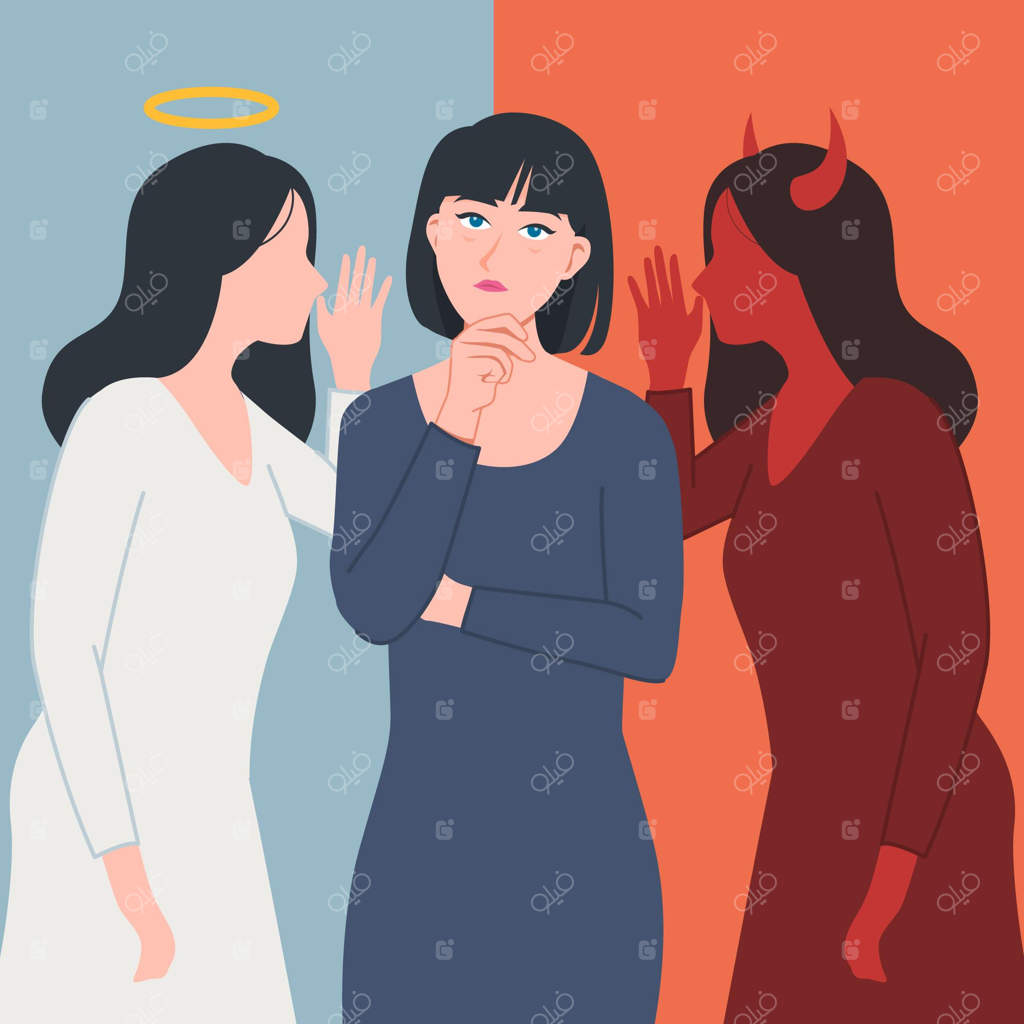 زنی با شیطان و فرشته در کنار خود