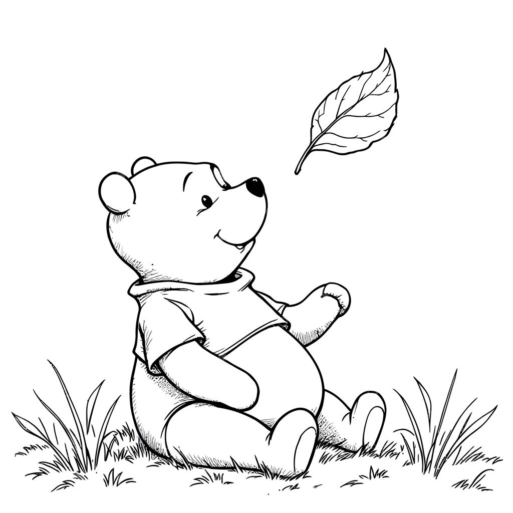 صفحه رنگ آمیزی جذاب با طرح خطی: خرس خوشحال و برگ در حال افتادن در فضای باز