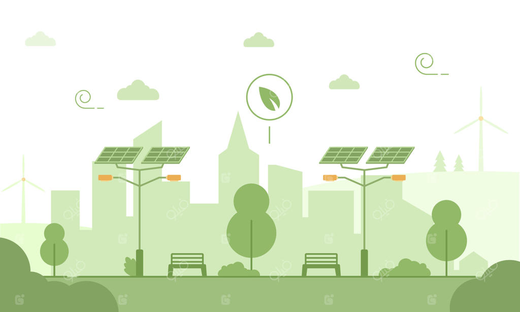 تصویرسازی شهر دوستدار محیط زیست: چشم‌انداز شهری سبز با چراغ‌های خیابانی خورشیدی، توربین‌های بادی و درختان. مفهوم شهری پایدار با منابع انرژی تجدیدپذیر و طراحی مینیمالیستی.