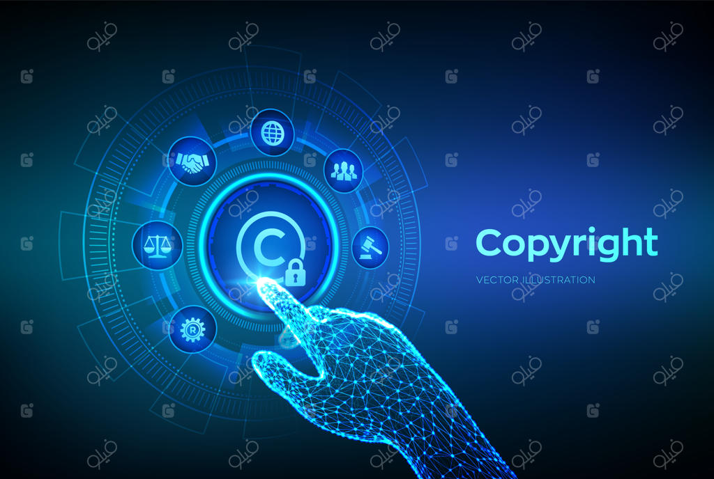 کپی‌رایت، حق ثبت اختراع و قوانین حفاظت از مالکیت معنوی؛ دست رباتیک در حال لمس رابط دیجیتال