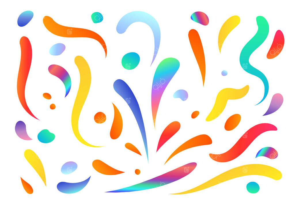 مجموعه عناصر هولوگرافیک با پالت رنگ‌های درخشان و متغیر، الگوی انتزاعی مدرن و طرح رنگ سیال، پس‌زمینه هنری ترند و اشکال فوتوریستی گرادینت