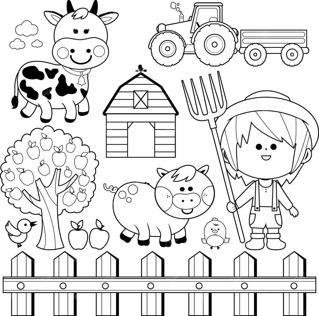 پسر کشاورز و حیوانات: کودکی شاد در مزرعه، در حال کار در باغچه با تراکتور، انبار، حیوانات مزرعه، حصار و درخت سیب. صفحه رنگ‌آمیزی سیاه و سفید.