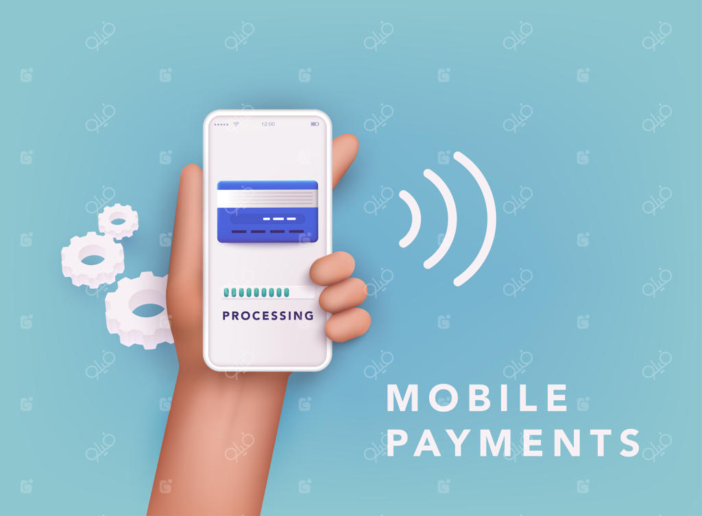 برداشت وکتورهای سه‌بعدی وب: دست نگه‌دارنده گوشی هوشمند با پرداخت آنلاین