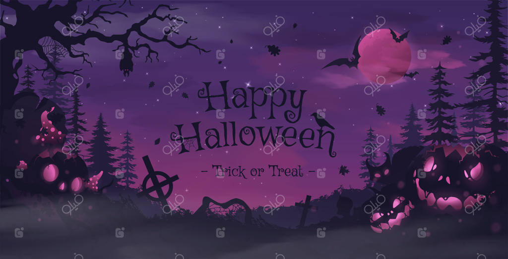 بنر هالووین مبارک یا پس‌زمینه دعوت‌نامه مهمانی با ابرهای مه‌آلود و کدو تنبل‌ها